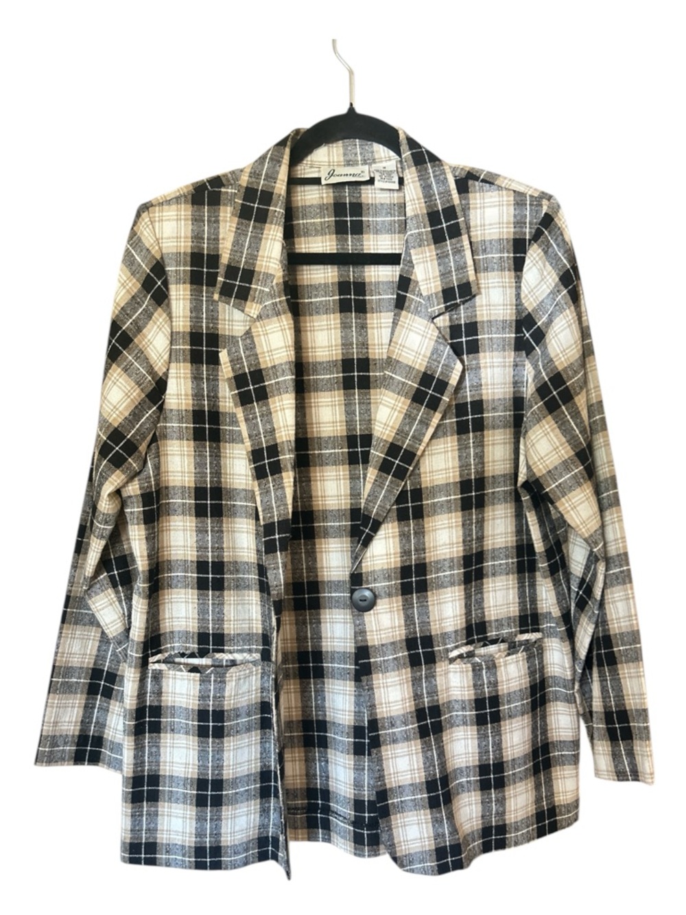 Vintage Plaid Single-Button Blazer Jacket - Black,Cream & Tan